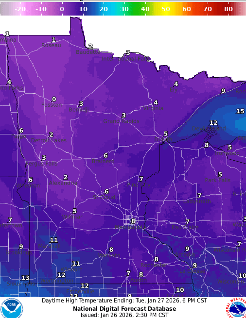 Forecast high temperatures Tuesday