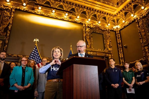 Gwen Walz speaks at a presser