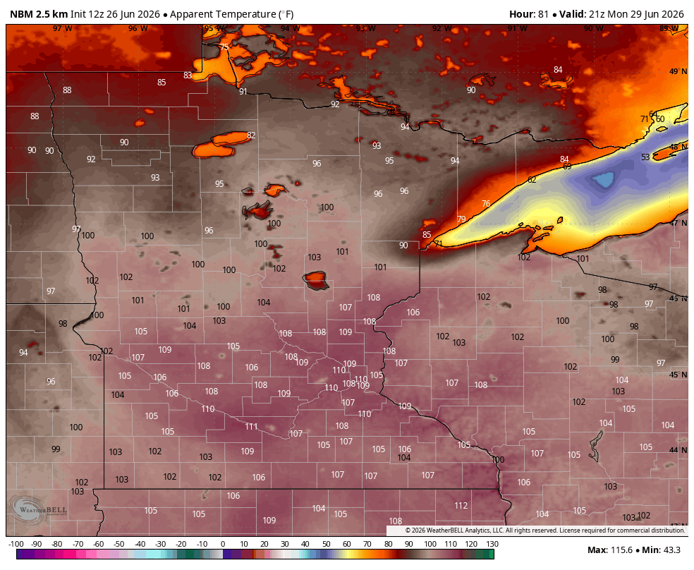 Forecast heat index Monday afternoon
