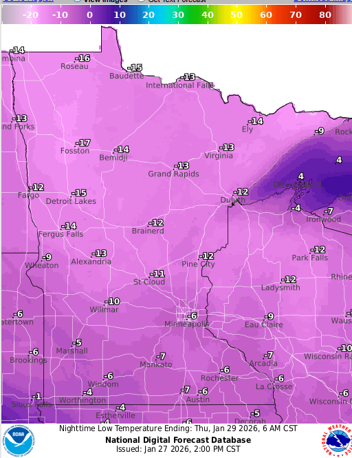 Forecast low temperatures Wednesday