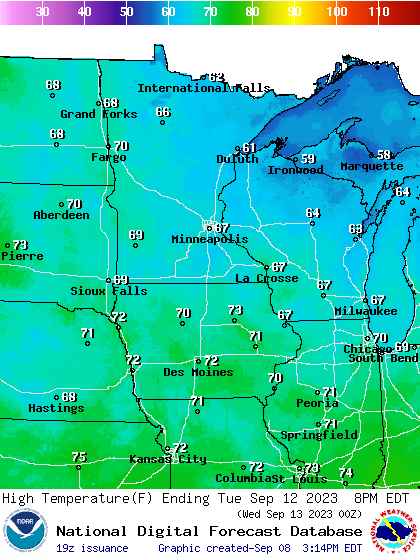 Forecast high temperatures Tuesday