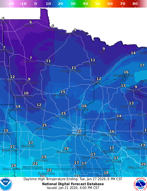Forecast high temperatures Tuesday