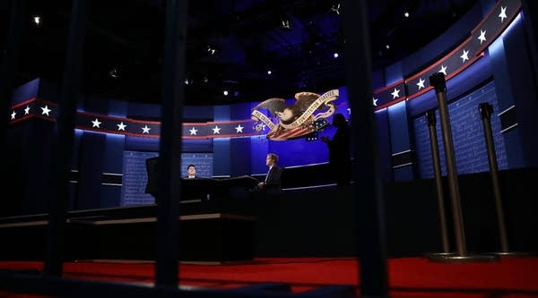 Stand-ins for the 2016 vice presidential candidates rehearse on the set for Tuesday's debate at Longwood University.