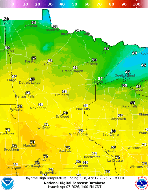 Forecast high temperatures Sunday 