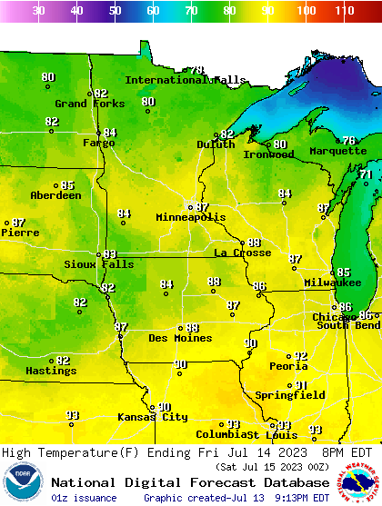 Forecast high temperatures Friday