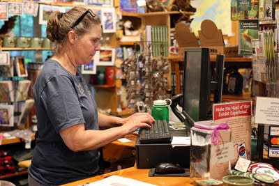 A woman types on a computer behind a counter.