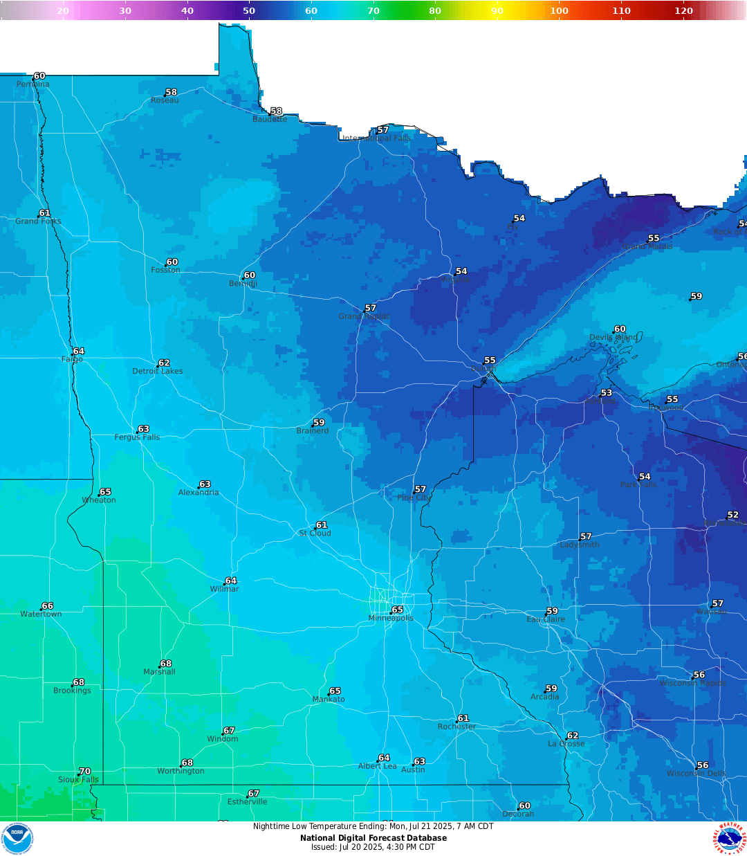 Lows for Sunday night