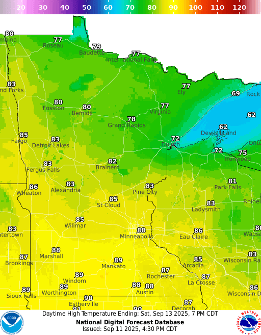 Forecast high temperatures Saturday