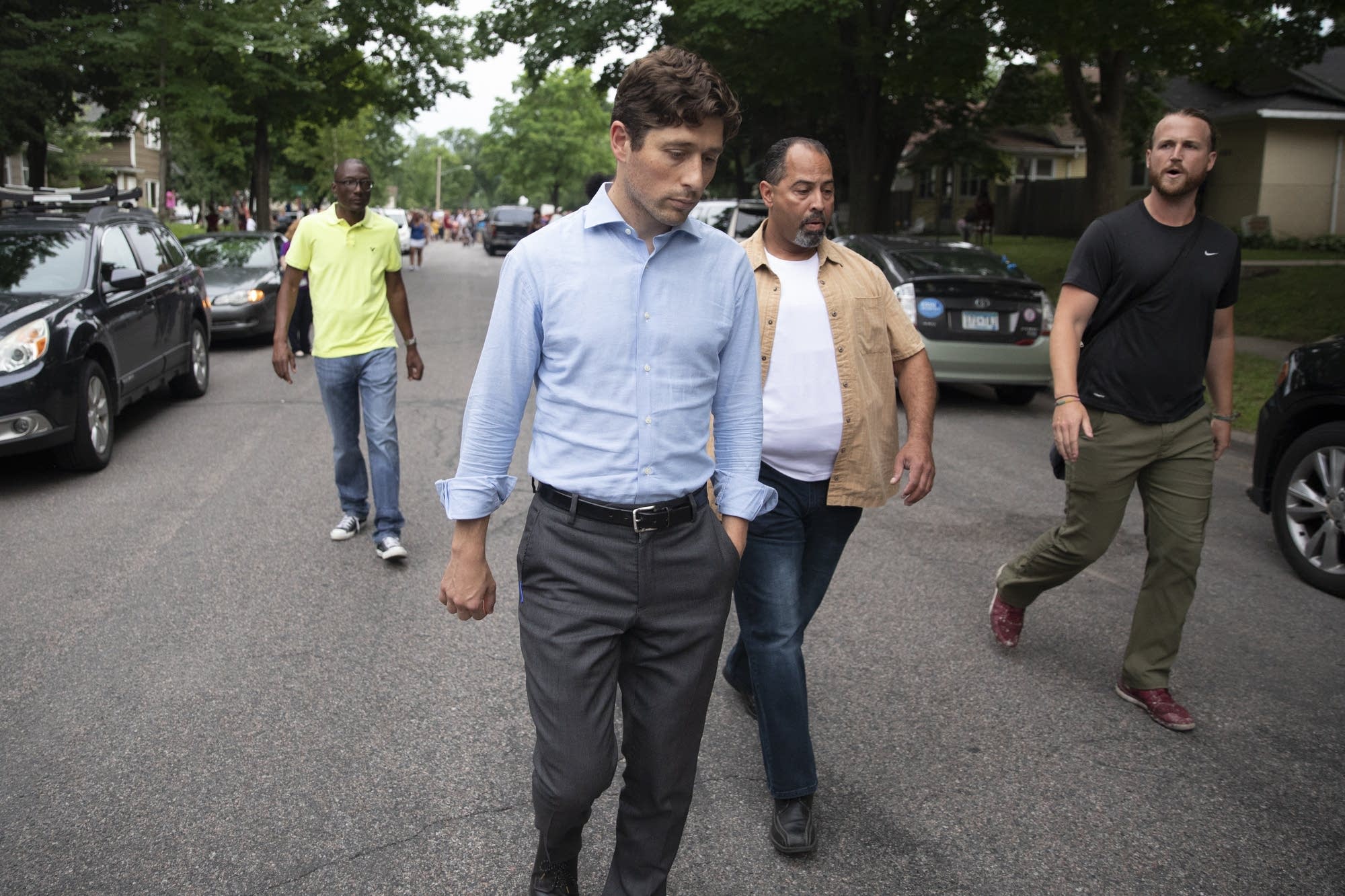 A protester questions Minneapolis Mayor Jacob Frey.
