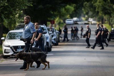 Police unit walks across a street