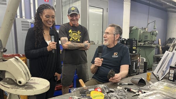 Miles Kucker (right) is building a raven out of steel for his grandson at MakerSpace NYC, run by Scott Van Campen (center).