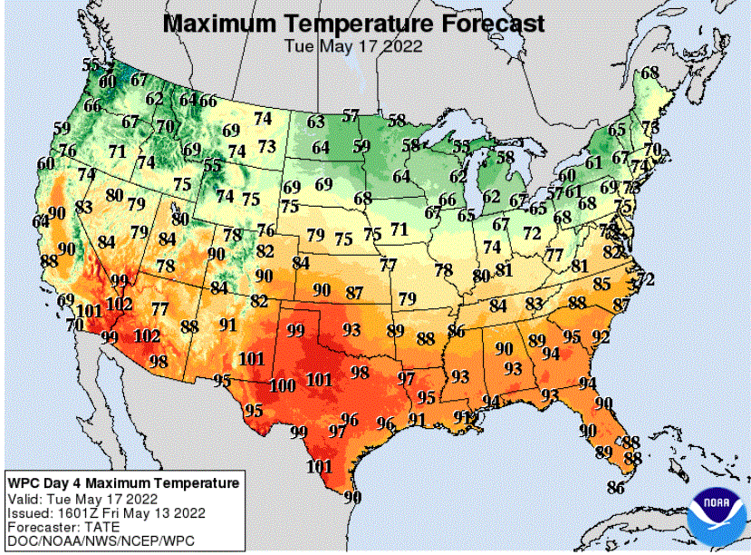 Forecast high temperatures Tuesday