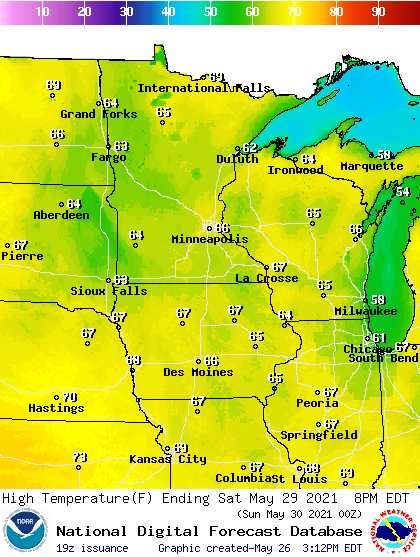 Forecast high temperatures Saturday