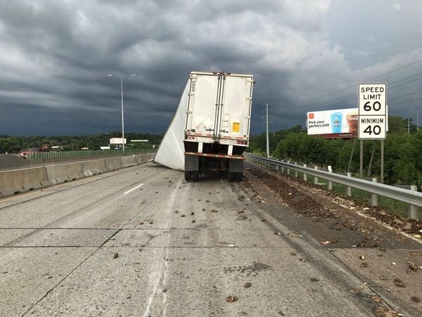 A semi carrying potatoes lost its load along Interstate 494