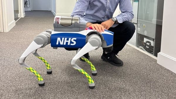 A man crouches down to pose behind an NHS-branded dog-shaped robot.