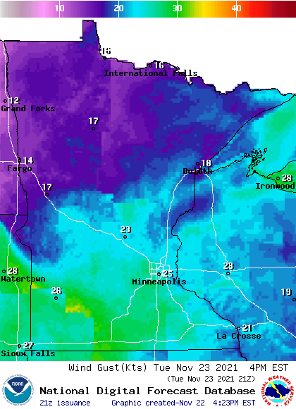 Forecast wind gusts for 4 pm Tuesday