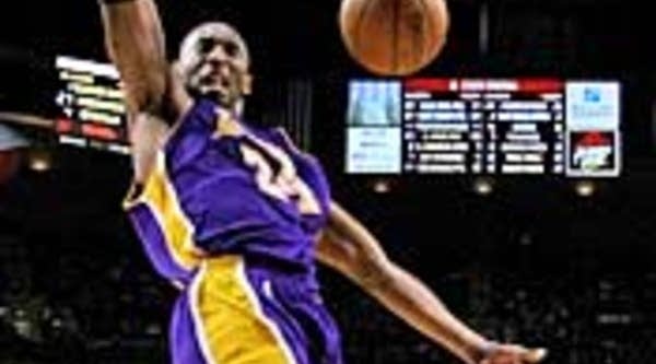 Kobe Bryant of the Los Angeles Lakers dunks the ball against the Portland Trail Blazers on April 8, 2008 in Portland, Ore.