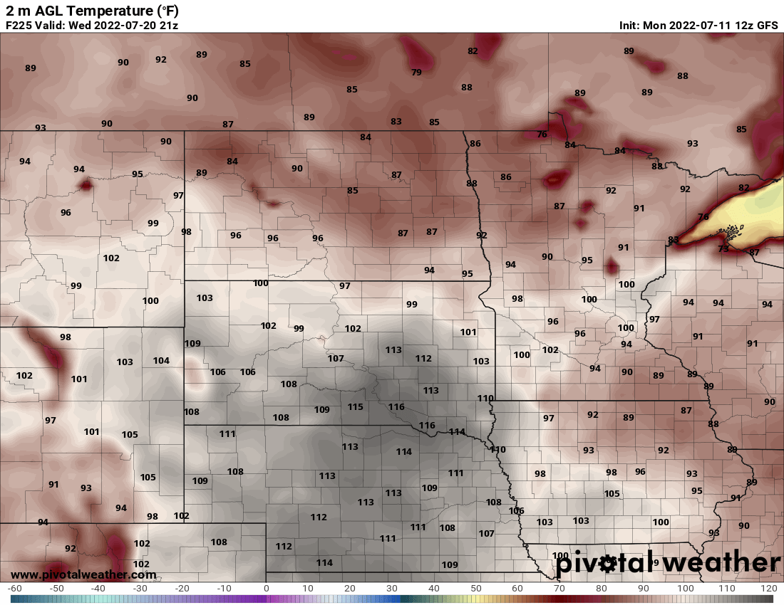 NOAA GFS model temperature output for Wednesday