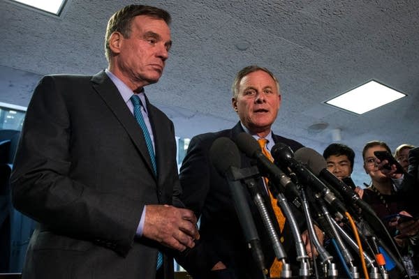 Senate Intelligence Select Committee on Intelligence Ranking Member Sen. Mark Warner (D-VA) and Senate Select Committee on Intelligence Chairman Sen. Richard Burr (R-NC) speak to members of the press during a closed door meeting between Inspector General of the Intelligence Community Michael Atkinson and the Senate Select Committee on Intelligence on Capitol Hill on September 26, 2019 in Washington, DC. Inspector General Atkinson stated that the anonymous whistleblower complaint about a call between U.S. President Donald Trump and Ukrainian President Volodymyr Zelensky was of "urgent concern" and "appears credible" in an August 26 letter to Acting Director of National Intelligence Joseph Maguire.