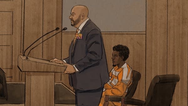 A courtroom illustration of a sentencing.