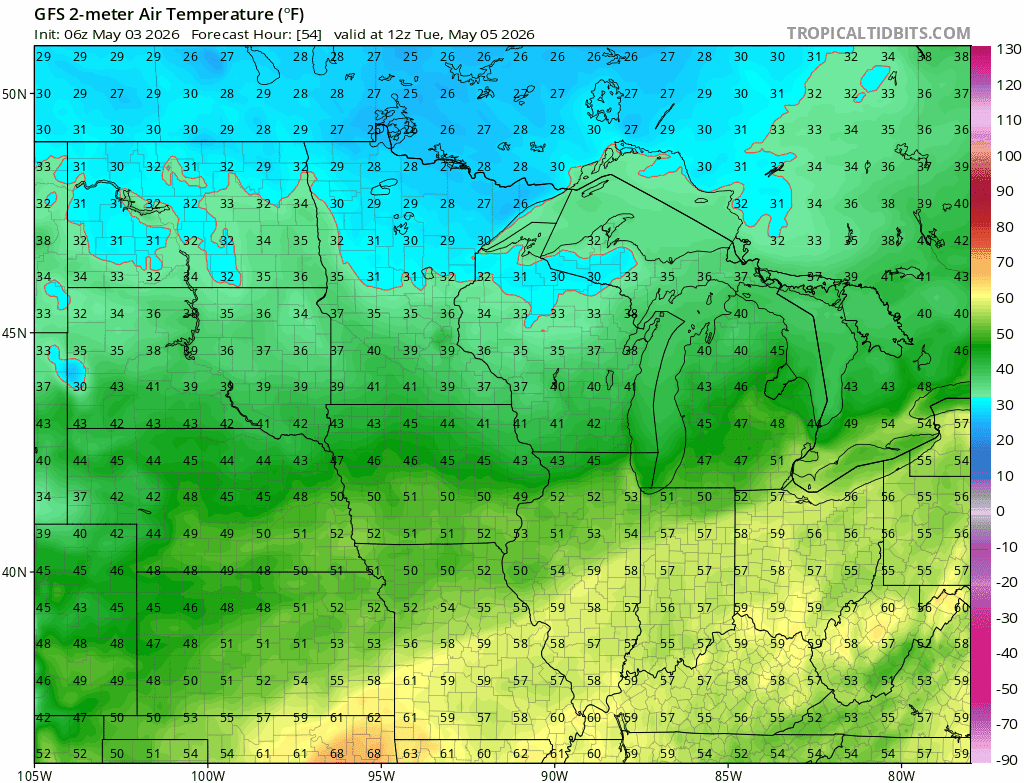 Temperatures Tuesday 7 a.m. to Thursday 7 a.m.