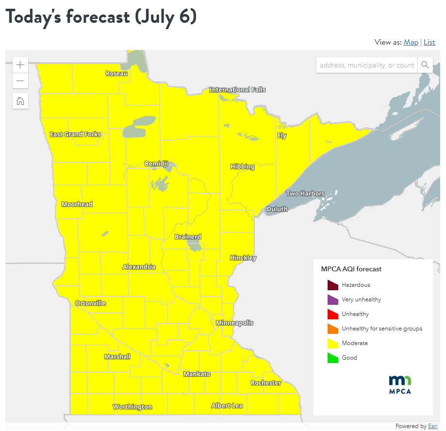 Air quality forecast for Sunday