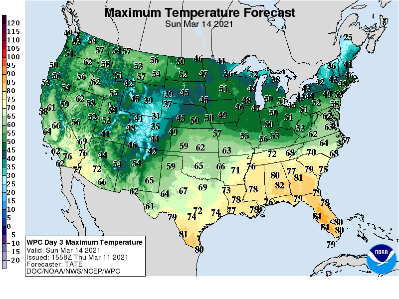 Forecast high temperatures Sunday