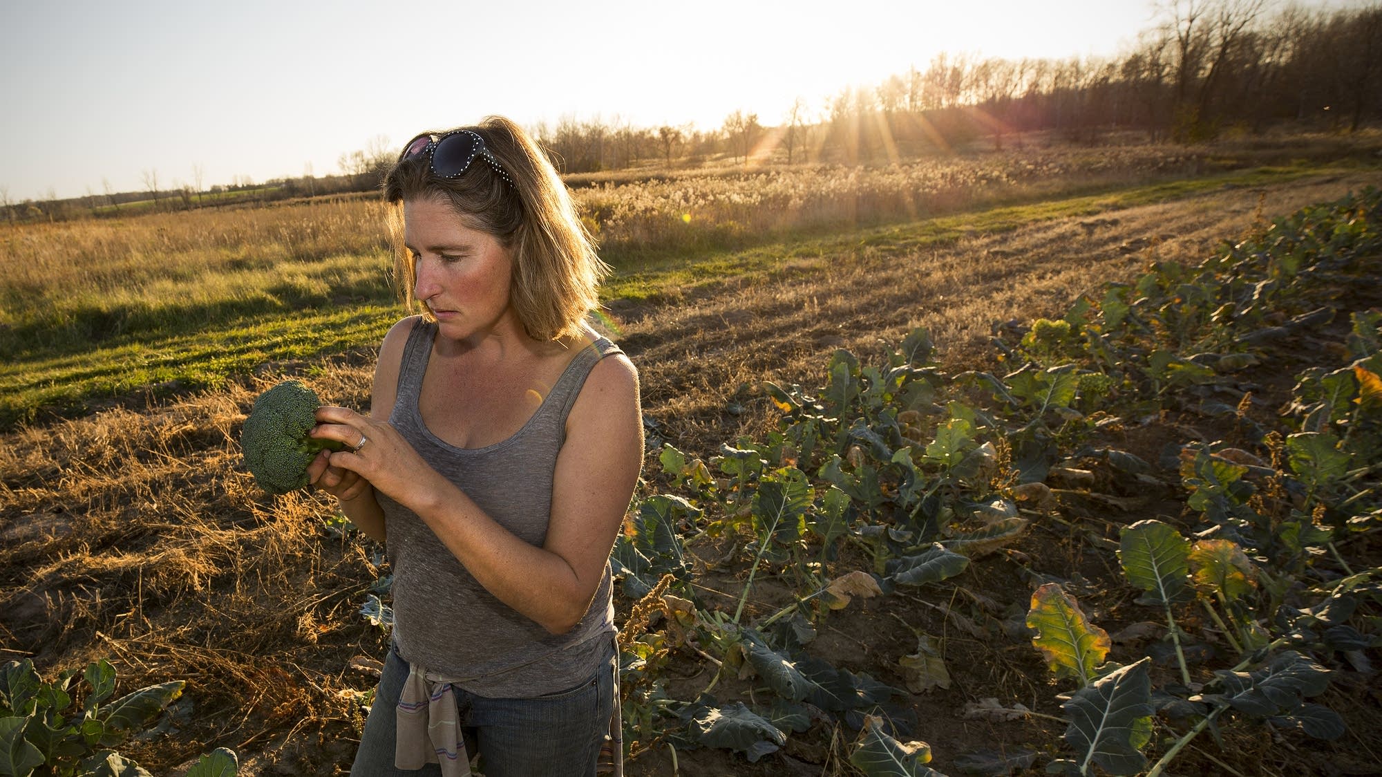 Sarah Woutat inspects a head of broccoli.