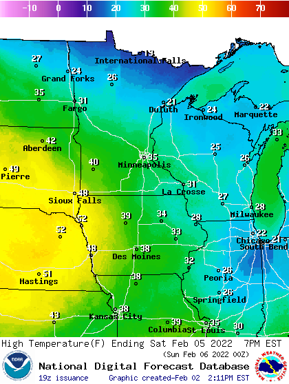 Forecast high temperatures Saturday