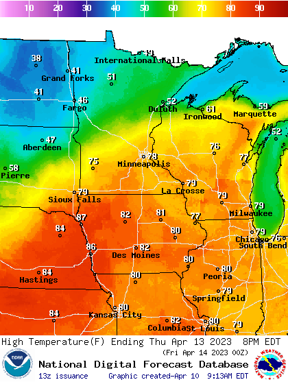 Forecast high temperatures Thursday
