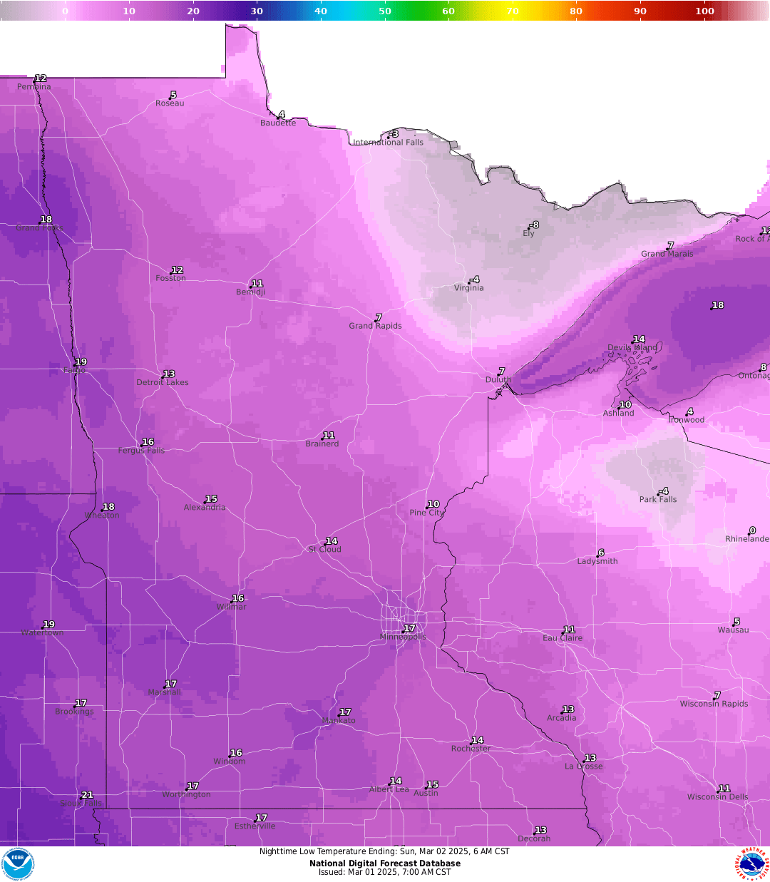 Lows for Saturday night