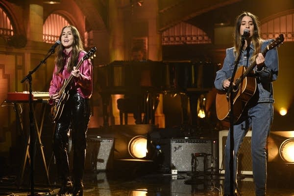 Alana Haim and Danielle Haim of musical guest HAIM perform "I Want You Back" in Studio 8H on May 13, 2017, on "Saturday Night Live" episode 1724 with host Melissa McCarthy.