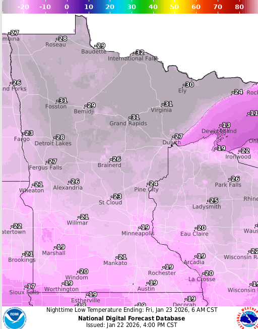 Forecast low temperatures Friday