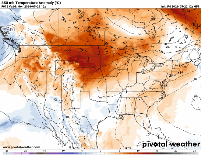 850 millibar temperature anomalies for Monday through Friday