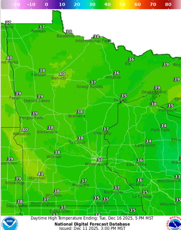 Forecast high temperatures Tuesday