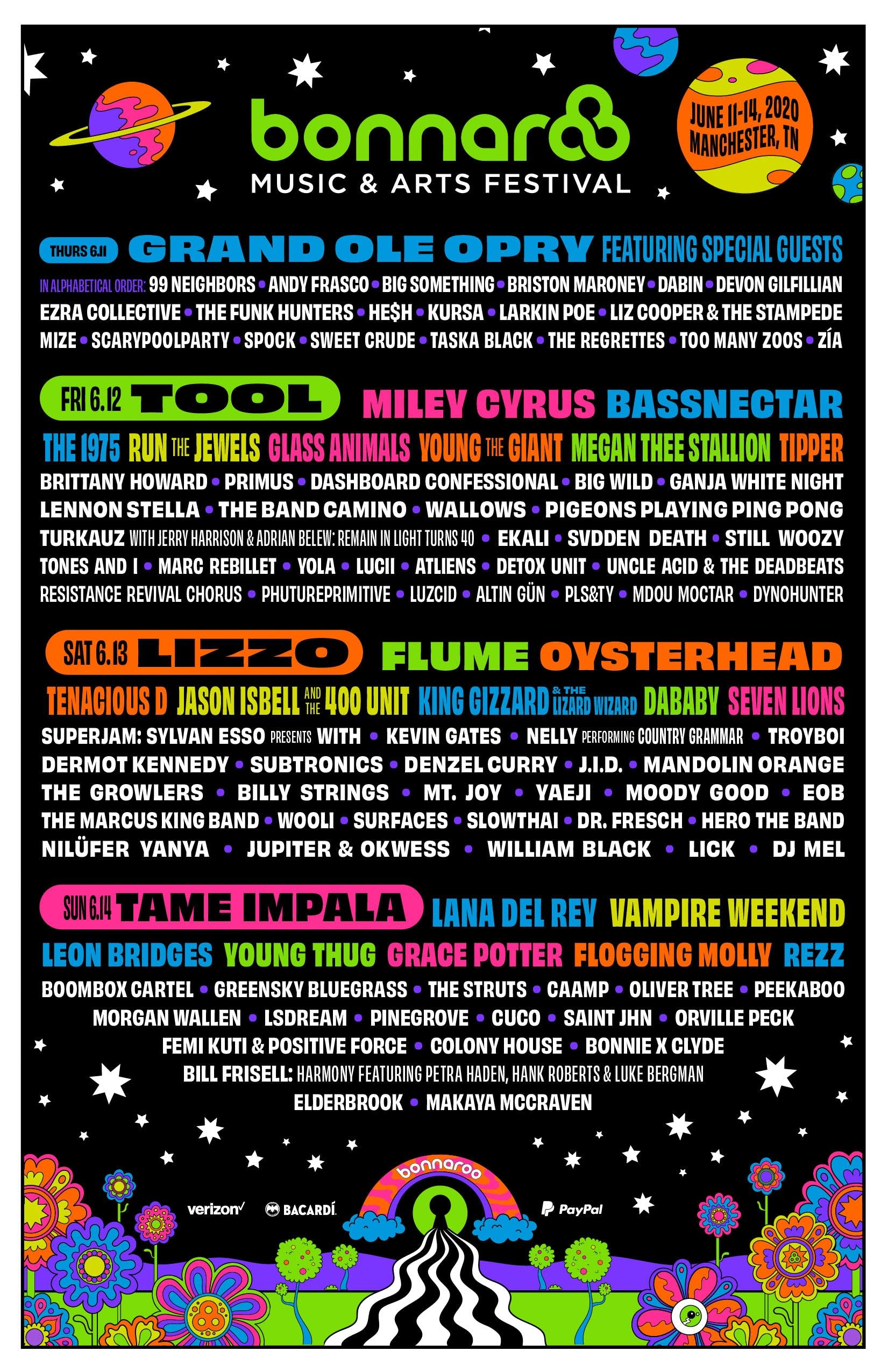 bonnaroo lineup with Tame Impala, Tool, Lizzo, and many many more